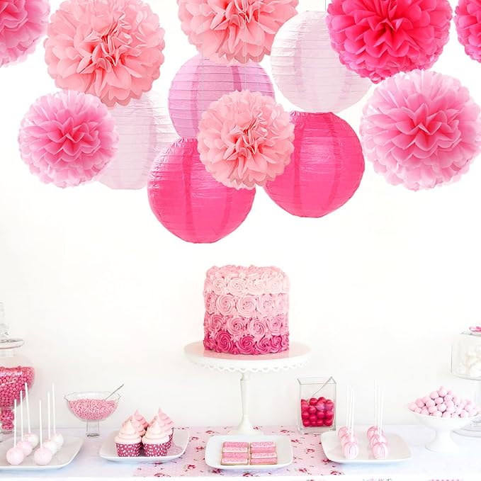 Light-Hot Pink Party-Decorations Paper-Flowers Lanterns - 15pcs Graduation Girl Birthday Decor Tissue Pom Poms Streamers, Bridal Baby Shower Wedding Bachelorette Valentine Hanging Supplies Hugfond
