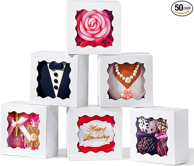 SLShePack 3x3x1.5Inches 50 Pcs Mini Bakery Boxes with Window for Homemade Soap,Cookies,Chocolate truffle,Chocolate Covered Strawberries