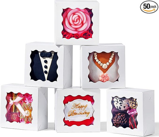 SLShePack 3x3x1.5Inches 50 Pcs Mini Bakery Boxes with Window for Homemade Soap,Cookies,Chocolate truffle,Chocolate Covered Strawberries