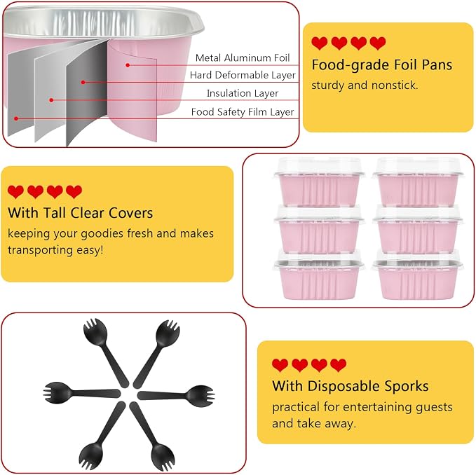 LNYZQUS 5oz Square Cupcake Pan with Lids 40 Pack, Aluminum Foil Muffin Cups,Disposable Ramekins Mini Cake Brownie Baking Pans Jumbo Cupcake Liners Muffin Tin-Pink