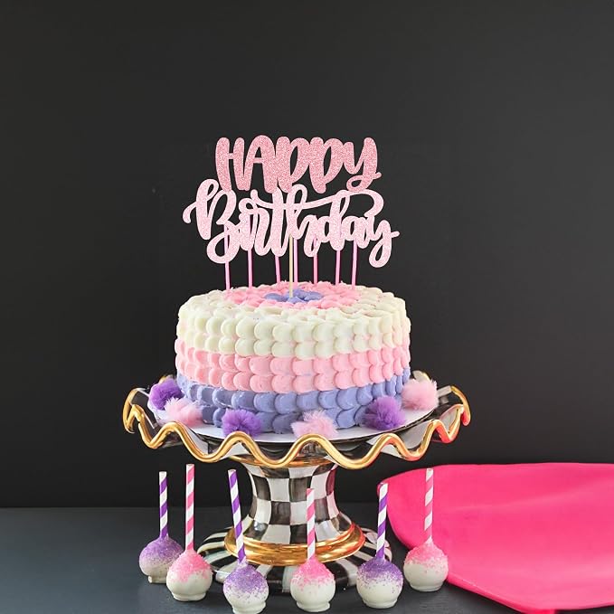 Gyufise 1Pcs Happy Birthday Cake Topper Glitter Cake Pick for Celebrating Anniversary Theme Party Cake Decorations Supplies Pink
