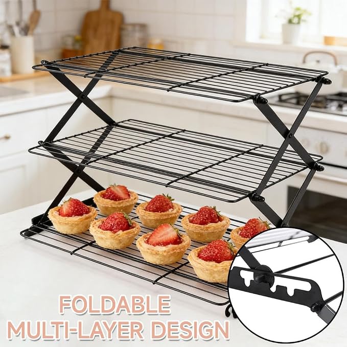 3-Tier Upgraded Collapsible Cooling Rack,Stackable Roasting Cooking Drying Wire Cooling Rack– Expand to Bake,Collapse to Save Space,Cookies Baking Gifts Drying Racks for Cake,Roasting,Grilling (Rose)