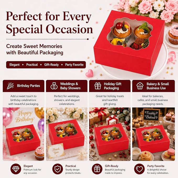 Cupcake Boxes with Window, 20 Pack 6.5x6.5x3 Inch Bakery Boxes for 4 Cupcakes, Muffins, Cookies & Pastries, Disposable Dessert Boxes with Insert Holder (Red)