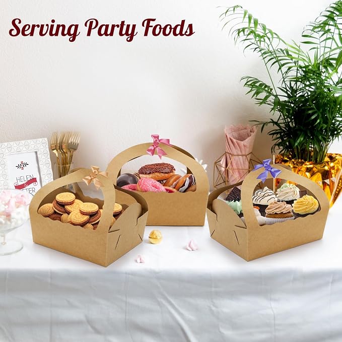 ELFULLY 50 Pack Paper Baskets for Gifts, 8.6" Kraft Basket with Handle Bulk, Empty Cookies Boxes for Desserts Snacks Donuts Pastries, Gifting Baskets for Party Wedding Anniversary Business DIY, Brown
