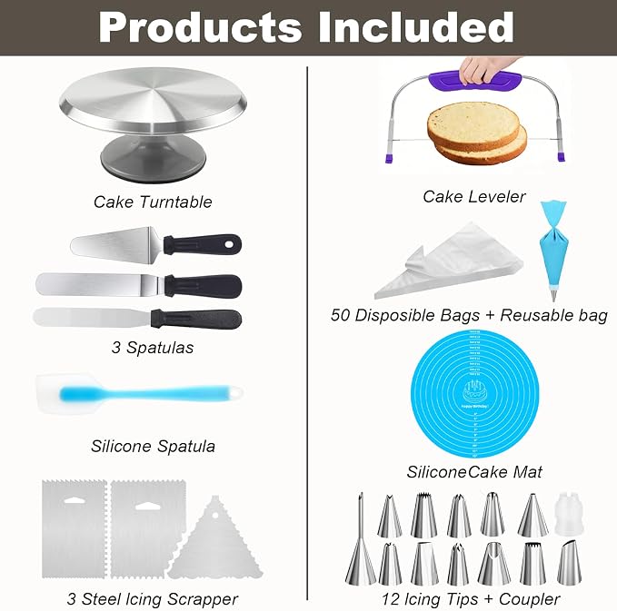 Cake Decorating Supplies Kit with 12" Aluminum Rotating Cake Turntable Stand, Professional Baking Tools, Cake Leveler, Spatulas & Scrapers, Complete Kit for Birthday & Wedding Cakes(74Pcs)