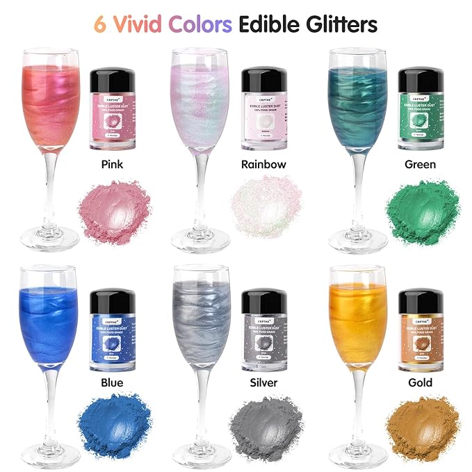 CRPTHE 6 Colors Luster Dust Edible Set, Edible Glitter for Drinks, Food Grade Glitter Shimmer Sprinkle Powder for Cocktails, Baking, Beverages, Cakes, Strawberries, Cookies, Fondant, Vegan(5g/Bottle)