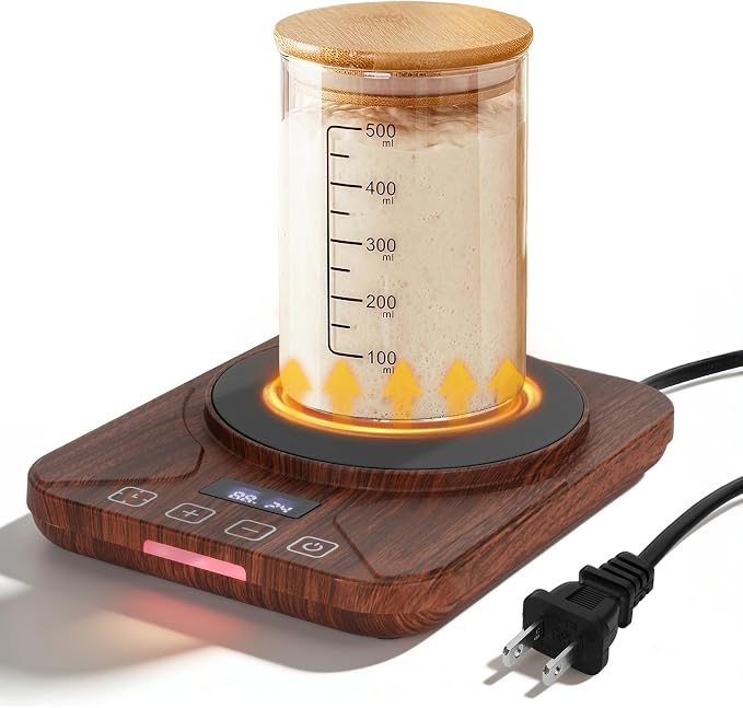 Sourdough Starter Warmer with 1°F Thermostat Control(70-100℉)24H Timer Memory Function Heating Pad for Fermentation, Heating Mat for Home Baking Fits Jars Up to 40oz (Wood Grain)