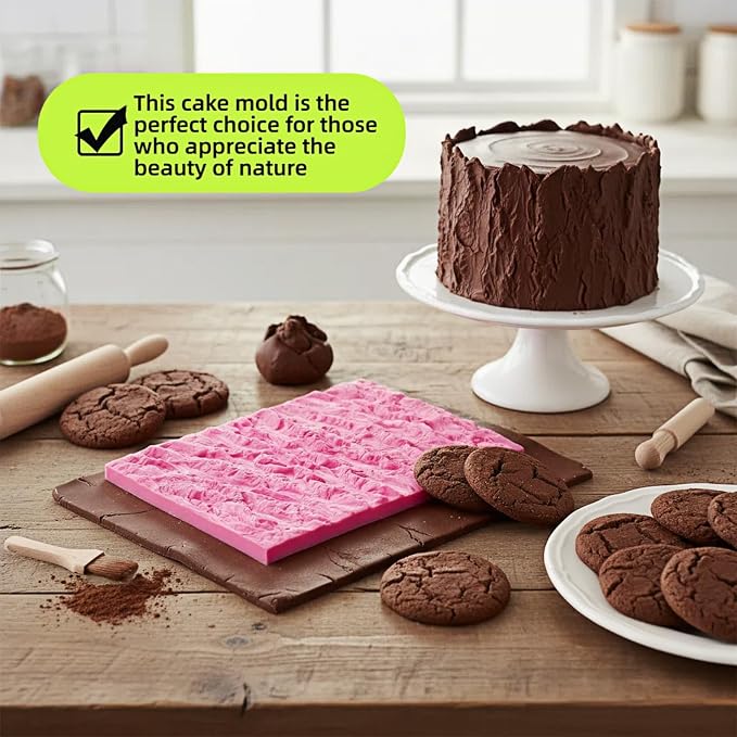 Tree Bark Cake Fondant Mold Tree Stump Fondant Impression Texture Mat Wedding Lumberjack Cake Border Decorating Tool Chocolate Gumpaste Pastry Cake Lace Mold Silicone Mat (Pink)