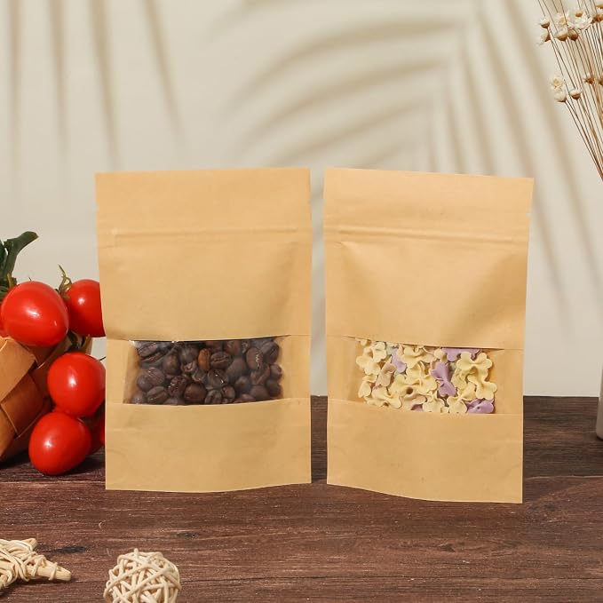 100 Pcs Resealable bags, 3.5" x 5.5" Sealable Stand Up Kraft Paper Bags with Matte Window, Zip Lock Food Storage Bags for Packaging Products