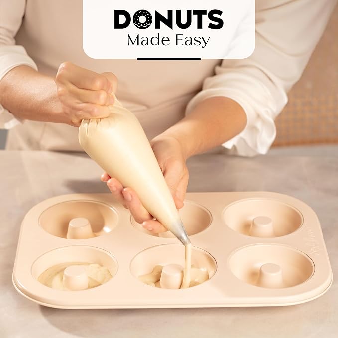Donut Pan for Baking - Set of 2 Non-stick Donut Pans - Carbon Steel Doughnut Pan - 6 Cavity Full-Sized Donut Molds for Baking - Trendy Beige Donut Baking Pan