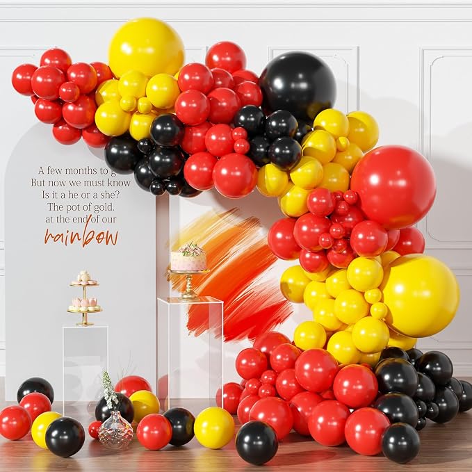 Red Yellow Black Balloons Garland Arch Kit, 154pcs Mouse Birthday Party Decorations with Different Sizes Latex Balloons for Baby Shower Wedding Graduation Cartoon Game Theme Party Decorations