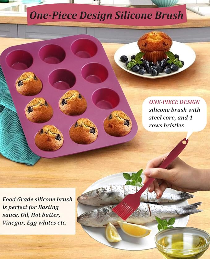Silicone Muffin Pan, 12-Cup Cupcake Pan with Silicone Pastry Brush for Mini Egg Muffin, Keto Diet, BPA Free, Dark Red