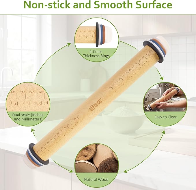 Oiforce Rolling Pin with Adjustable Thickness Rings, Wooden Rolling Pin for Baking, 13.6" Precise Dough Roller for Baking Fondant, Pizza, Pie, Pastry, Pasta, Cookies and More