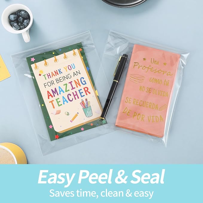 100 Pcs Clear Cellophane Cello Bags 6-1/2'' x 9-1/2'' Self Sealing Cellophane Bags Self Adhesive, for Gift Packaging, Candies, Dessert, Goodie, Party Favors and Dessert