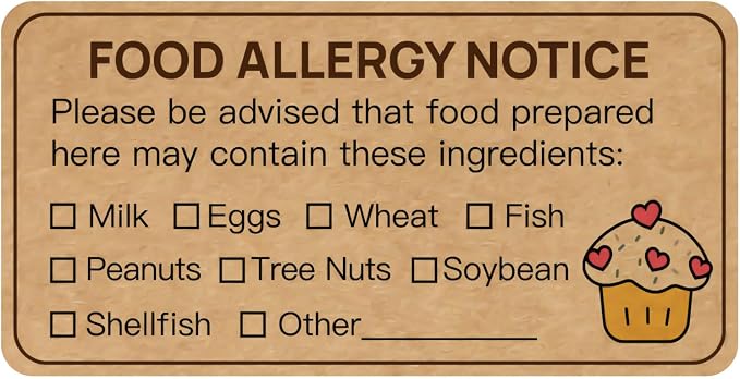 180 PCS Allergy Stickers for Cake,Kraft Paper Food Allergy Warning Labels,Ingredients Label Sticker for Bakery,Food Bag,Restaurant,Kitchen(1.1x2.2inch)