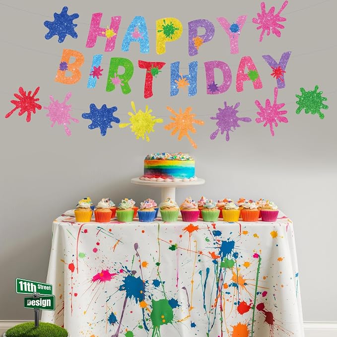 Zwiebeco Colorful Graffiti Paint Art Happy Birthday Banner Hanging Paper Sign for Girls Boys Kids Adults Party Decoration Supplies