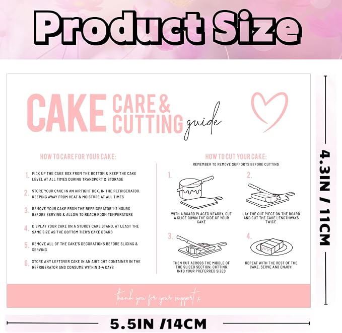 200 Count Cake Care Instruction Card How to Carry and Cut Your Cake Instruction Card for Small Business Cake Boxes, Professional Baker, Cake Boards, Baking Supplies Kit Set（ 5.5 x 4.25 Inch, White)