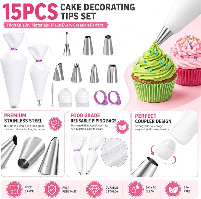 15 Pcs Piping Bags And Tips Set,12'' & 14'' Reusable Cotton Piping Bags,Easy to Clean,for Home Bakers & Chefs