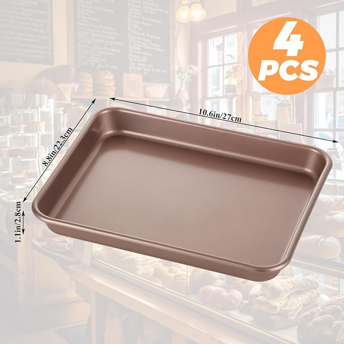 SHUESS 4 Pcs Baking Sheet, 11 X 9 Inch Non Stick Cookie Sheets for Baking, Heavy Duty Carbon Steel Small Cookie Sheets, Golden Jelly Roll Pan, Quarter Sheet Pan, Baking Trays for Oven, Air Fryer