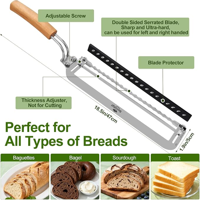 Adjustable Bread Slicer for Homemade Bread - Upgrade Manual Sourdough Bread Knife with Thickness Guide, Bread Bow Cutter with Serrated Stainless Blade for Baguettes, Gift for Baker, Ambidextrous Use