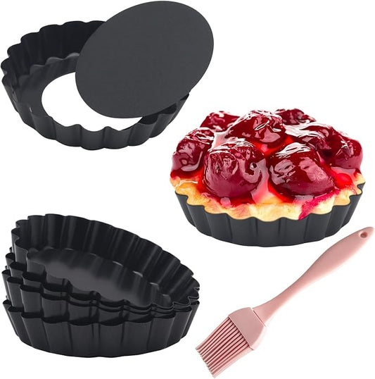 6 Pack Mini Fluted Tart Pans 4 Inch with Removable Bottom, Nonstick Quiche Pan with Silicone Basting Pastry Brush for Baking Treats, Pie, Quiches, Tartlets
