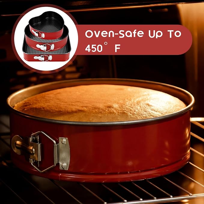 Reallnaive 3 Piece Springform Cake Pan Set 8/9/10 Inch Square Heart Round Baking Pans Leakproof Nonstick Cheesecake Pans with Removable Bottom for Valentines, Birthday, Wedding Party