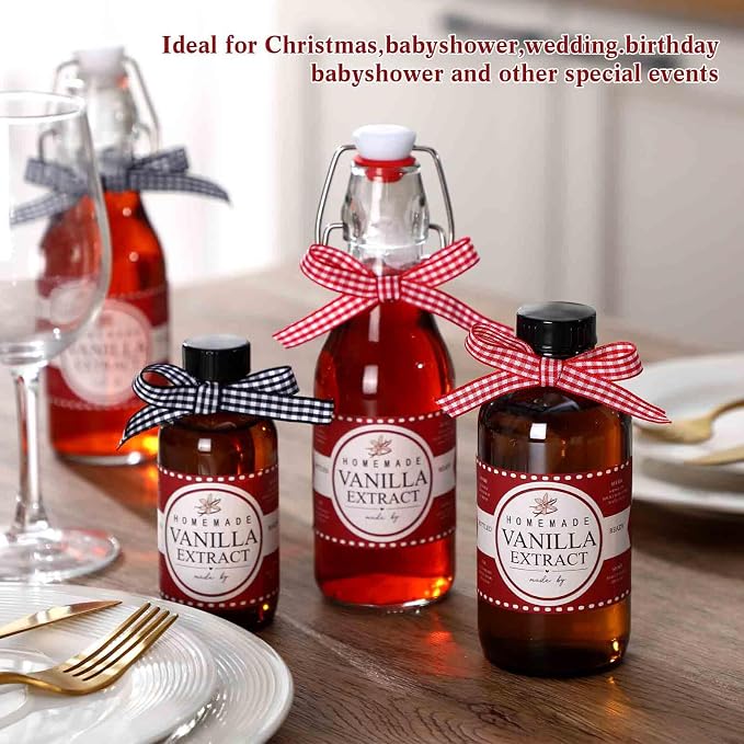 Fulmoon 24 Pcs Vanilla Extract Labels Homemade Vanilla Extract Stickers Bottle Labels with Ribbon Gift Stickers for 4oz, 8oz Handcrafted Bottles Wedding Gifts(Classic)