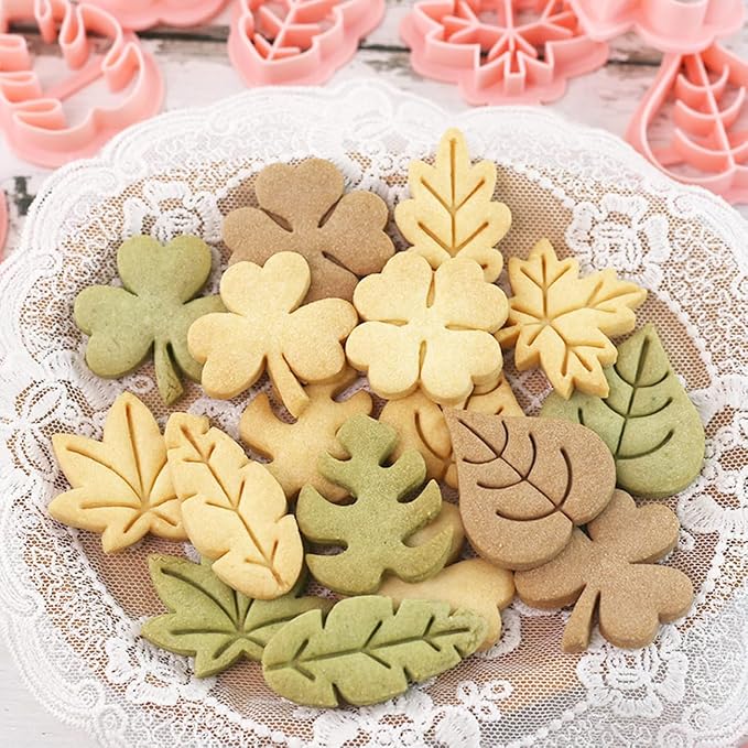 8pcs Mini Leaf Cookie Stamps, One-touch Molding 3d Raised Design Cookie Cutters, suitable for Tropic, Fall, Thanksgiving, Holiday & Party Treats Frosting Decoration (Leaf)