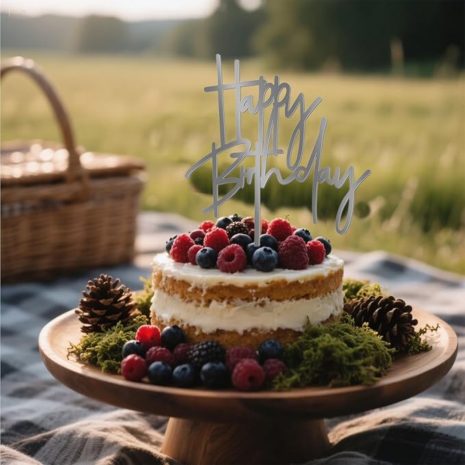 Happy Birthday Cake Topper – Minimalist Acrylic Birthday Cake Decoration, Reusable Modern Script Cake Pick for Adult Birthday, Party Dessert Decor (Silver)