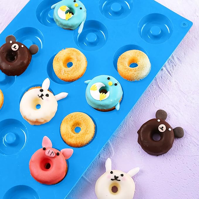2er Pack Silicone Donut Mold - Non-Stick Silicone Doughnut Pan DIY Chocolate Baking Cookie Molds, Heat Resistant, Make Donut Cake Biscuit Bagels, BPA Free Dishwasher Safe (blue, 18 Cavities)