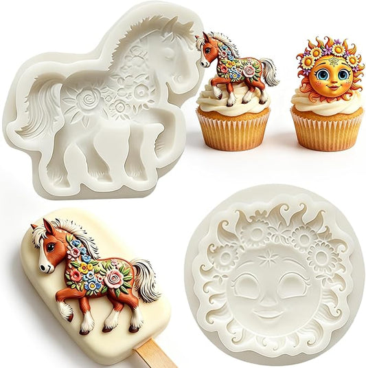 2Pcs Floral Horse Sun Face Silicone Fondant Molds, 3D Pony Sunflower Candy Molds for Cake Decorating Cupcake Toppers Chocolate Resin Soap Clay DIY Baking Sugarcraft Tools Birthday Party