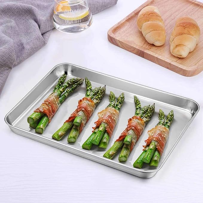 TeamFar 10.5’’ x 8’’ x 1’’ Toaster Oven Pan with Rack Set, Small Baking Pans Tray Stainless Steel with Cooling Rack Set of 4, Non-Toxic & Heavy Duty, Mirror Finish & Dishwasher Safe