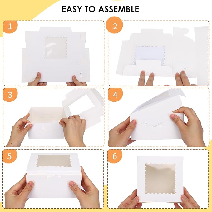 TOMNK 65pcs Cookie Boxes, 6x6x3 Inches Treat Boxes with Window, White Bakery Containers for Small Pie, Chocolate Covered Strawberries, Cupcake and Pastry