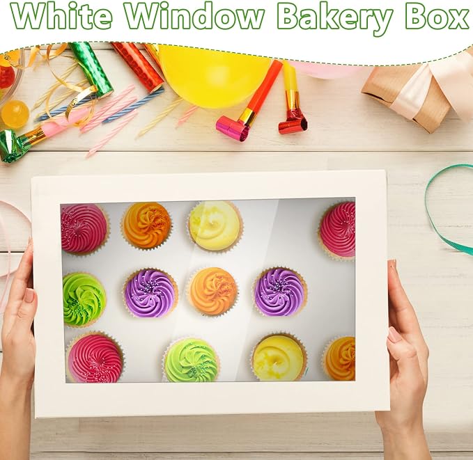 Gersoniel 19x14x4 Inch Half Sheet Cake Boxes Large Rectangle Bakery Boxes with Window Cardboard Treat Packaging Bakery Take out Containers for Pastry Baking Donuts Cupcake Pie(White,20 Pack)