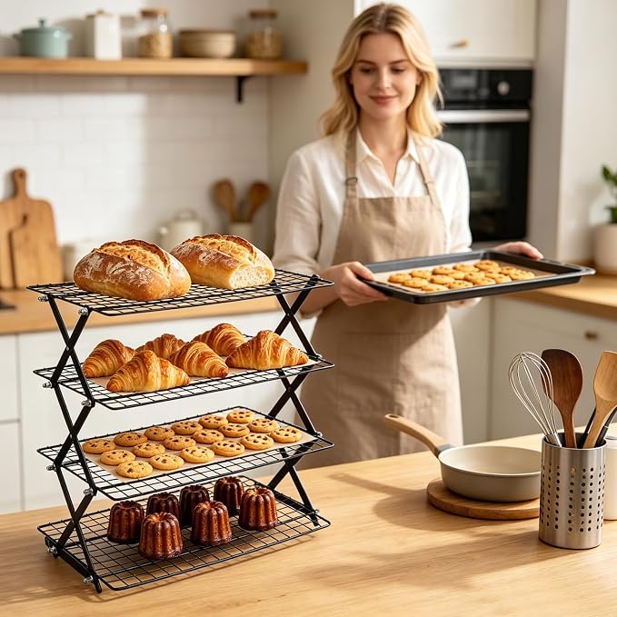 4 Tier Collapsible Cooling Racks for Cooking And Baking | 3 Setting Design, Adjustable & Stackable Cookie Cooling Racks, Dishwasher Safe Tiered Bread Cooling Rack for Picnic
