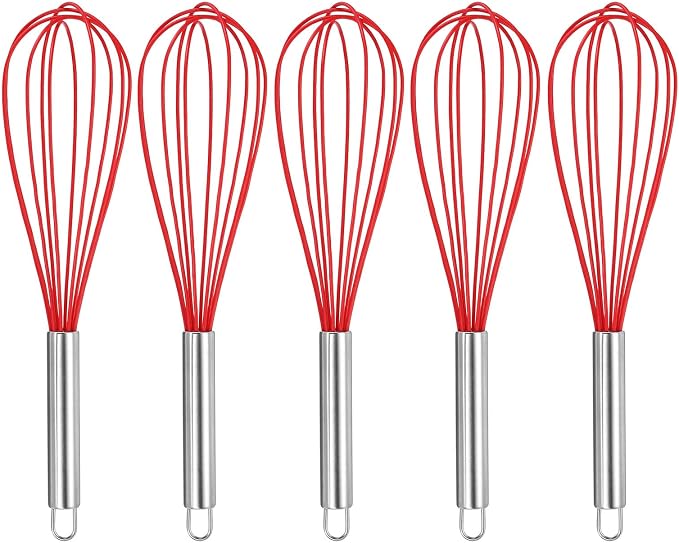 HARFINGTON 5Pcs Silicone Whisk 12" Kitchen Whisk Wire Whisks Beater with Stainless Steel Handle for Egg Milk Whisking Blending Beating & Stirring, Red