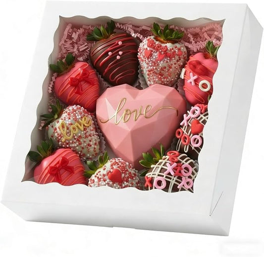 9inch White Bakery Boxes,Pie Boxes with Clear Window Treat Boxes for Chocolate Strawberries, Pastries, Muffins, Donuts,Cookie,Breakable Heart&9x9x2.5inch 6 of Pack