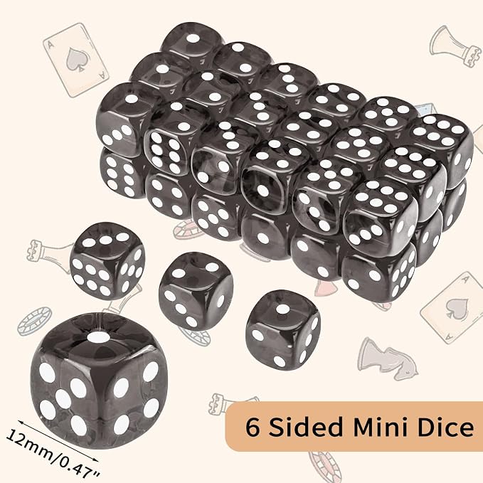 36 of Pack 12MM 6 Sided MINI Dice Set,Translucent Colors Game Dice Set, 6 Sided Standard Colored Dices for Tenzi, Farkle, Yahtzee, Bunco or Teaching Math, with Portable Plastic Box(Gray)