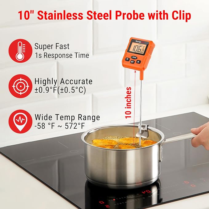TempPro TP511 Digital Candy Thermometer with Pot Clip, Programmable Instant Read Food Meat Thermometer with 10'' Long Probe for Baking Grilling Oil Deep Fry Fathers Day Gift (Previously ThermoPro)