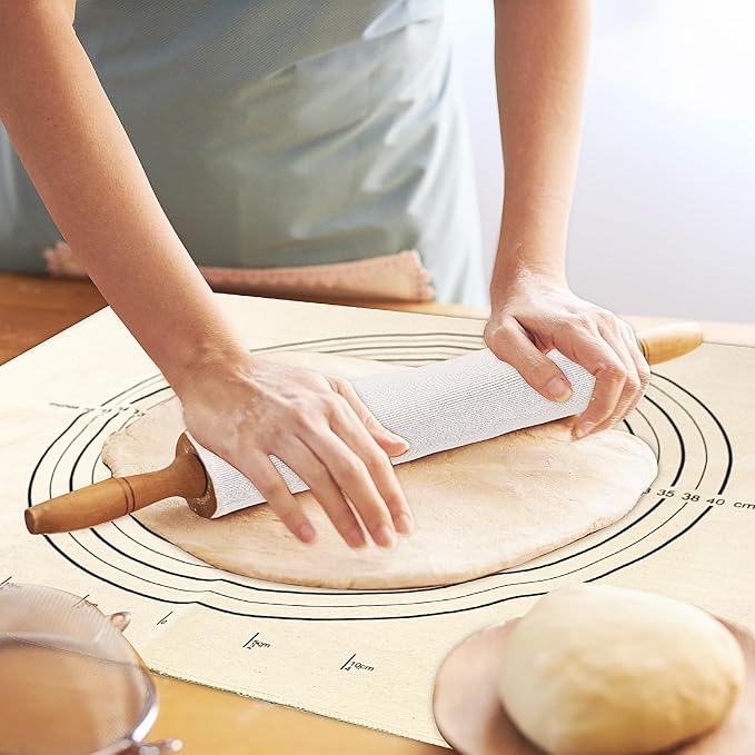3PCS Pastry Cloth and Rolling Pin Cover Set, 1PCS 25" X 20" Heavy Cotton Canvas Cloth Pastry Mats with Measurement 2PCS 13" X 2.7" Flexible Rolling Pin Covers Sleeves for Rolling Dough Baking Bread