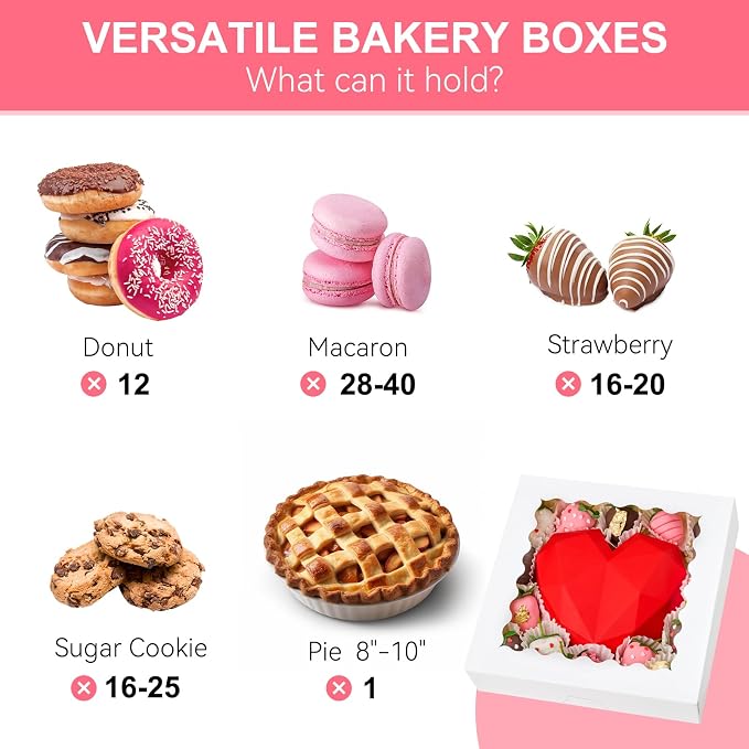 Kucoele Pie Boxes with Window, 10 x 10 x 2.5 Inches, 20 PCS, White | Auto-Popup, Bakery Boxes, Cookie Boxes, Treat Boxes, For Chocolate Strawberries, Pastries, Muffins, Donuts