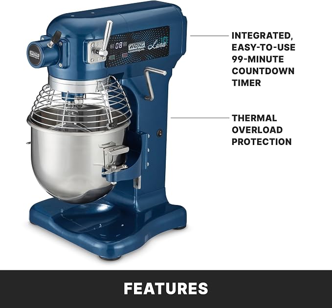 Waring Commercial Luna Planetary Stand Mixer, 10-Quart Capacity, 3/4 Horsepower Motor with Digital Timer, for Professional Bakeries & Commercial Kitchens, WSM10LT