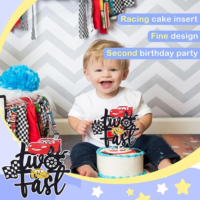 MEMOVAN Two Fast Cake Topper Race Car 2nd Cake Toppers Racing Car Birthday Cake Decoration for Racing Car Checkered Flag Themed Girl Boy 2 Years Birthday Party Decoration Double Sided