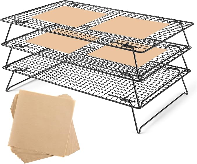 3-Tier Stackable Wire Cooling Rack with Legs, High-quality Carbon Steel, 17" x 11" Cooling Rack for Cooking and Baking, 100 Pcs 6in Baking Paper, Nonstick, for Cookie, Pizza, Bread, Barbecue