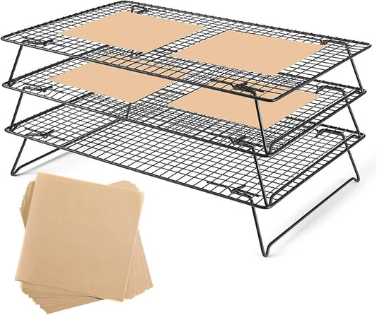 3-Tier Stackable Wire Cooling Rack with Legs, High-quality Carbon Steel, 17" x 11" Cooling Rack for Cooking and Baking, 100 Pcs 6in Baking Paper, Nonstick, for Cookie, Pizza, Bread, Barbecue