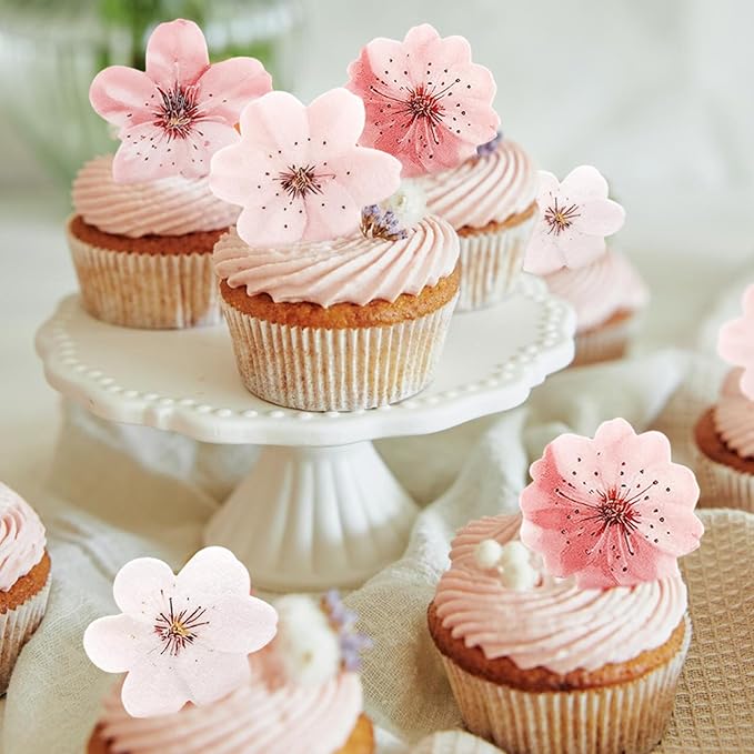 50 PCS Edible Cherry Blossoms Cupcake Toppers Edible Cherry Blossoms Flowers Cake Decorations for Spring Tea Party Cherry Themed Birthday Party Baby Shower Bridal Engagement Anniversary baked goods