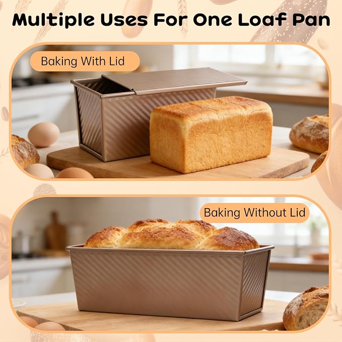 2 Pack Pullman Loaf Pan with Lid - 2.2LB & 1LB Dough Capacity, Non-Stick Bread Pan for Baking Toast, Carbon Steel Sandwich Bread Pans for Homemade Baking, Square Toast Mold, Housewarming Gift Kitchen