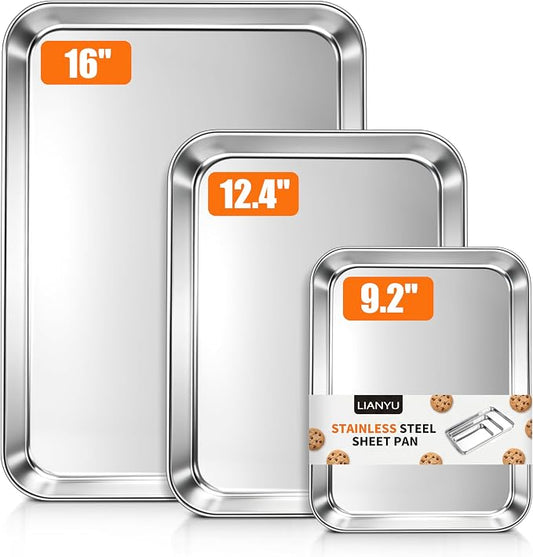 LIANYU 3 Pack Stainless Steel Baking Sheets, Cookie Sheet Pan for Baking & Roasting, 16/12.4/9.2 In, Toaster Oven Pan Cookie Baking Tray, Non Toxic & Heavy Duty & Easy Clean, Dishwasher Safe