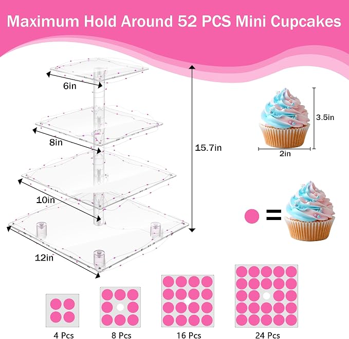 YestBuy Acrylic Cupcake Stand for 50 Cupcakes, 4 Tier Cupcakes Tower Stand with Pink LED Lights and 4.7" Clear Tiers, Perfect for Birthday, Baby Shower, Wedding and Candy Bar