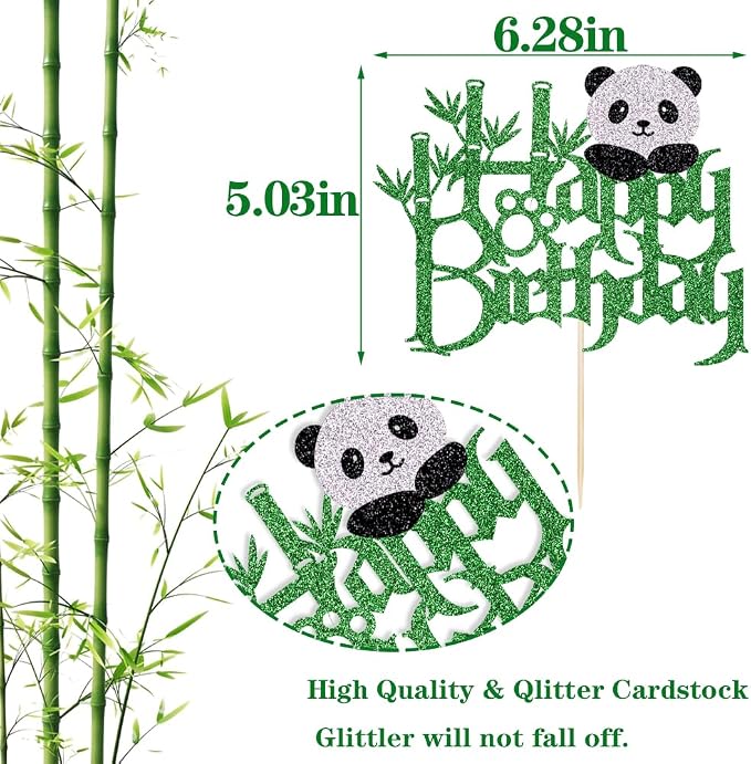Panda Happy Birthday Cake Topper-Black Panda Bear Bamboo Birthday Cake Decoration Jungle Animals Theme Baby Shower Cake Decoration，Boys Girls Birthday Party Decoration Supplies